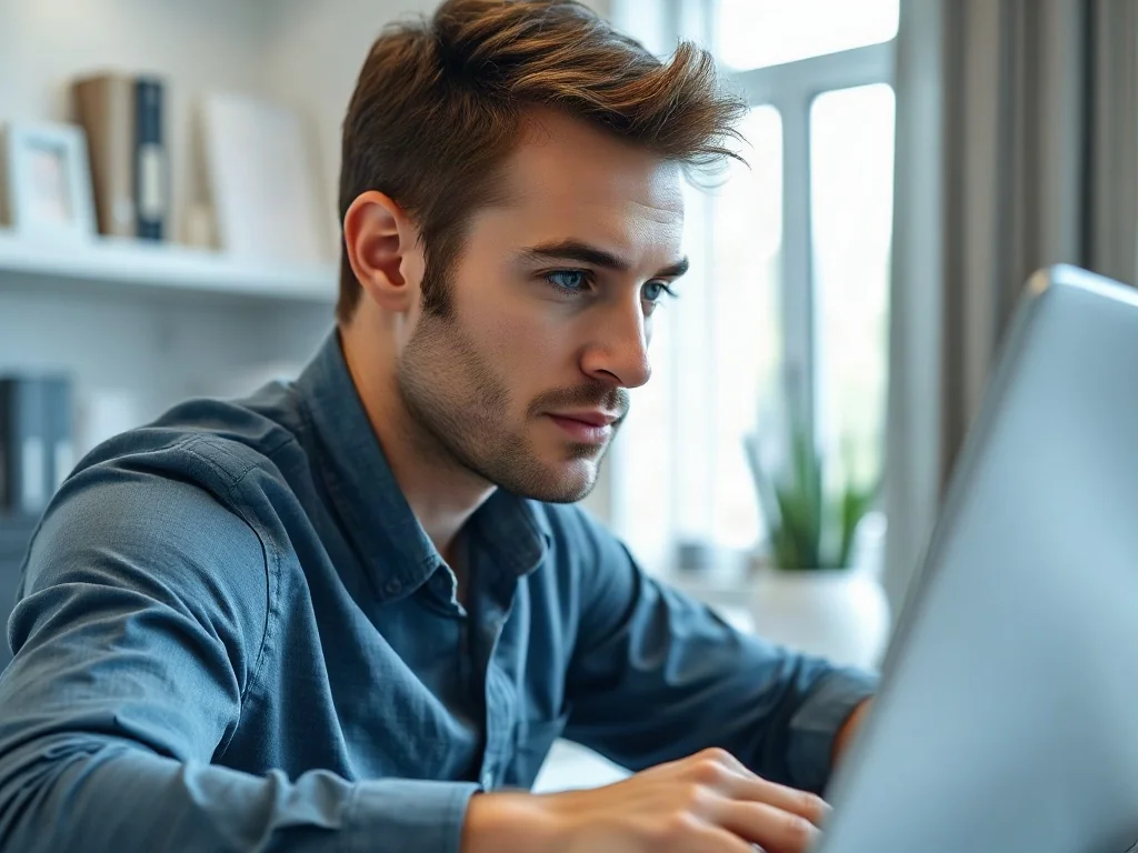 Mężczyzna skupiony na pracy przy laptopie w nowoczesnym biurze domowym podczas logowania do systemu e-PIT.