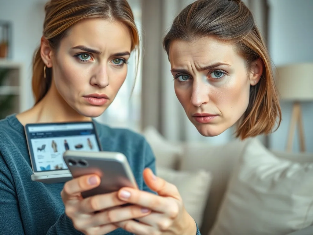 Zaniepokojona kobieta trzymająca smartfon w nowoczesnym salonie, co ilustruje zagrożenia związane z oszustwami w sieci.