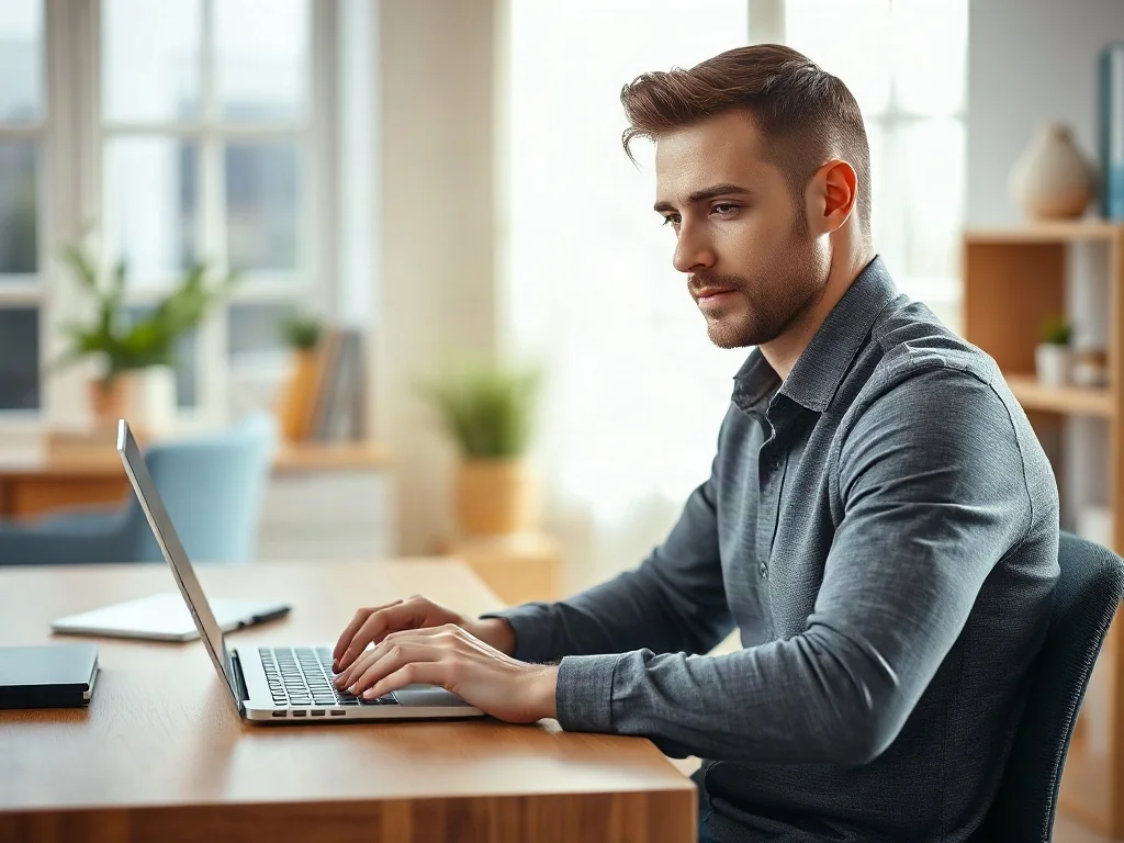 Mężczyzna przy laptopie loguje się do portalu elektronicznego w jasnym, domowym biurze.