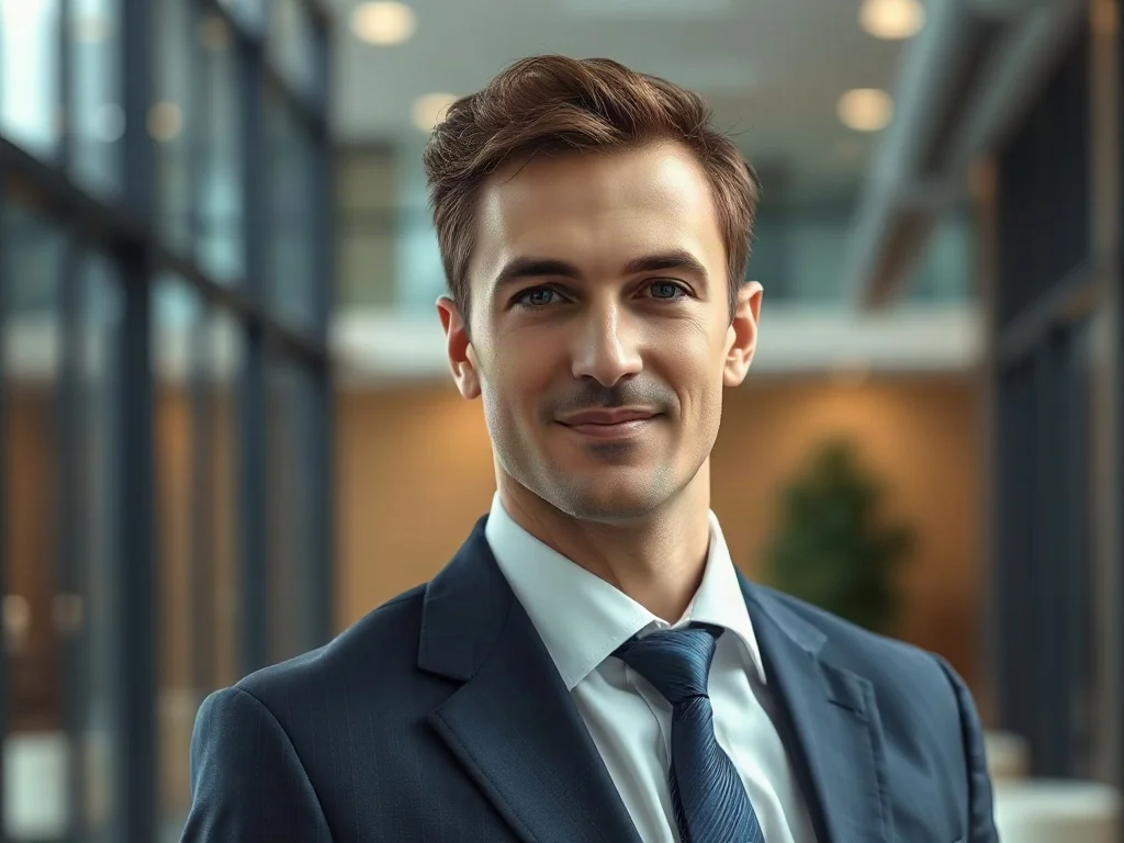 Profesjonalny portret mężczyzny w garniturze w nowoczesnym biurze, symbolizujący pracę na stanowisku konsula.